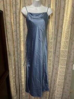 Hello Molly Blue Satin Slip Dress Open Back Tie NWT Size S